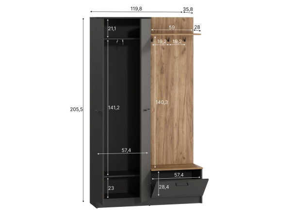 Шкаф ADA SZF2D1K/360 (Антрацит/Дуб крафт табачный, Антрацит)