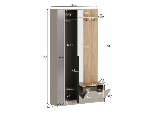 Шкаф ADA SZF2L1K/360 (Глиняный серый/ Дуб урбан янтарный, Глиняный серый)