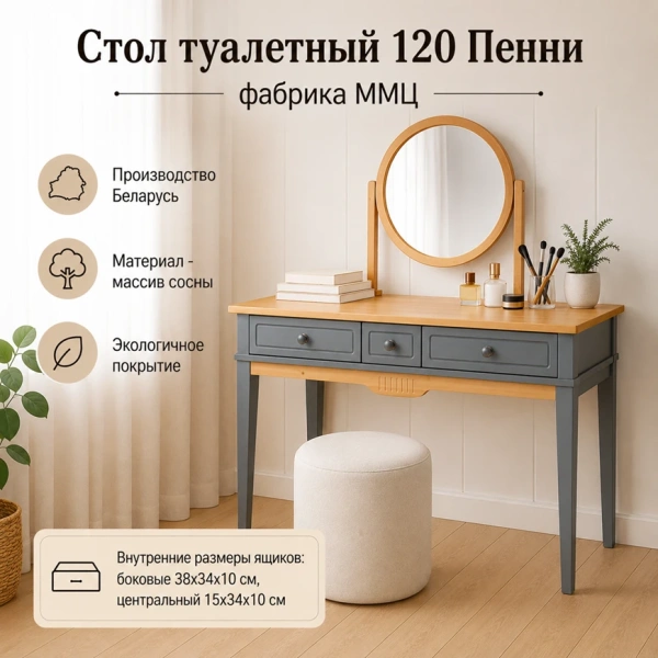 Стол туалетный 120 Пенни (Серый 7046/Антик 24)
