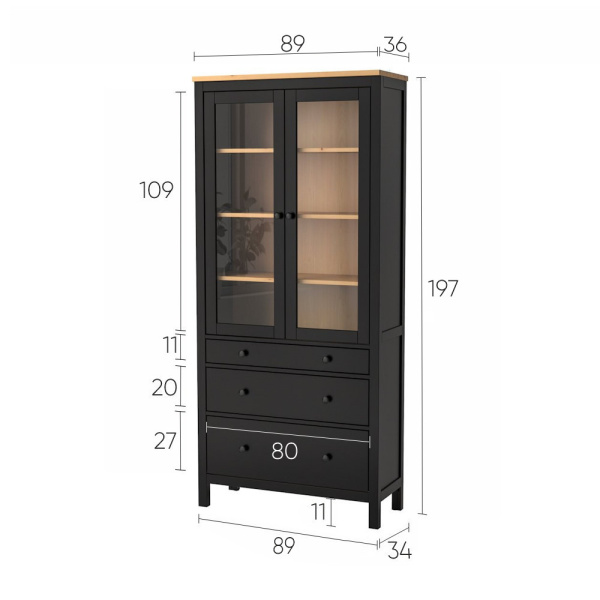 Шкаф витрина 3 ящика широкий Кымор Hemnes